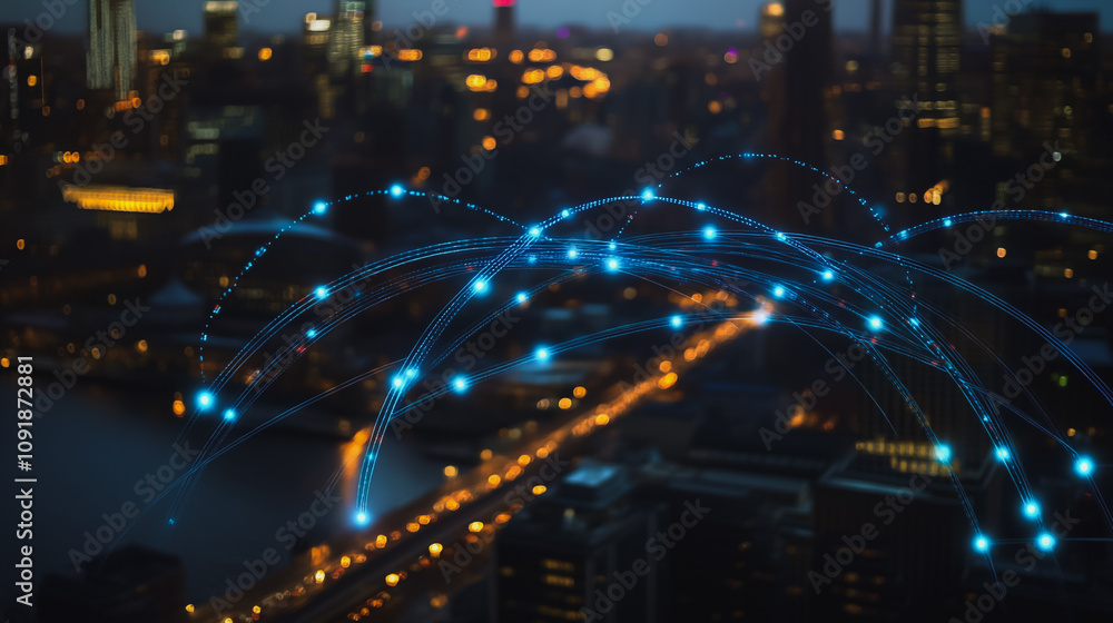 Obraz premium Smart digital Innovation Business skyscrapers in the Financial District with connection network reciprocity over the cityscape. of future smart wireless digital city and social media networking