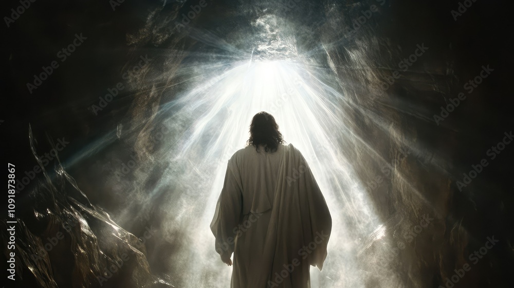 Obraz premium A Spiritual Encounter Depicting Jesus in a Heavenly Light with Righteous Spirits After Life in a Majestic Cave Setting