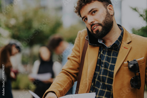 A business professional in a tan jacket multitasks outside, talking on the phone while holding documents. The blurred background shows other colleagues engaging in discussions, creating a photo