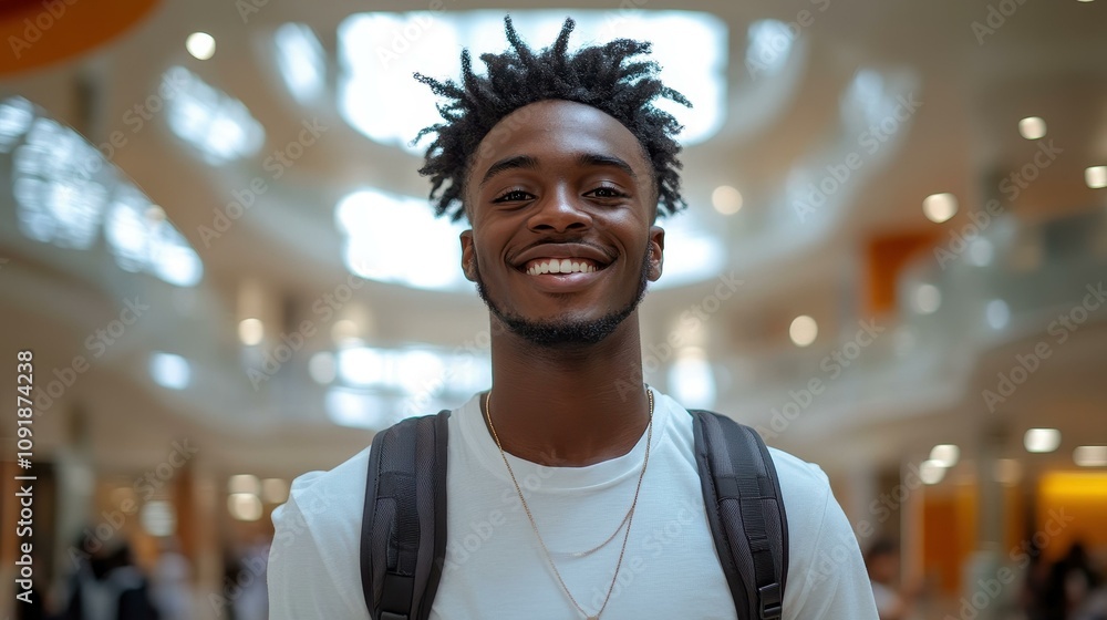 Fototapeta premium A joyful student athlete with afrotextured hair, radiating youth while wearing a backpack in a bright indoor space.