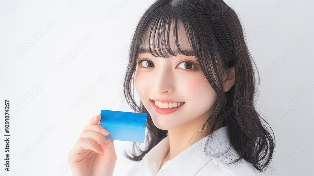 A young Japanese woman in a white shirt, smiling gently while showcasing a blue credit card against a white backdrop. A young Japanese woman in a white shirt, smiling gently while showcasing a blue credit card against a white backdrop.