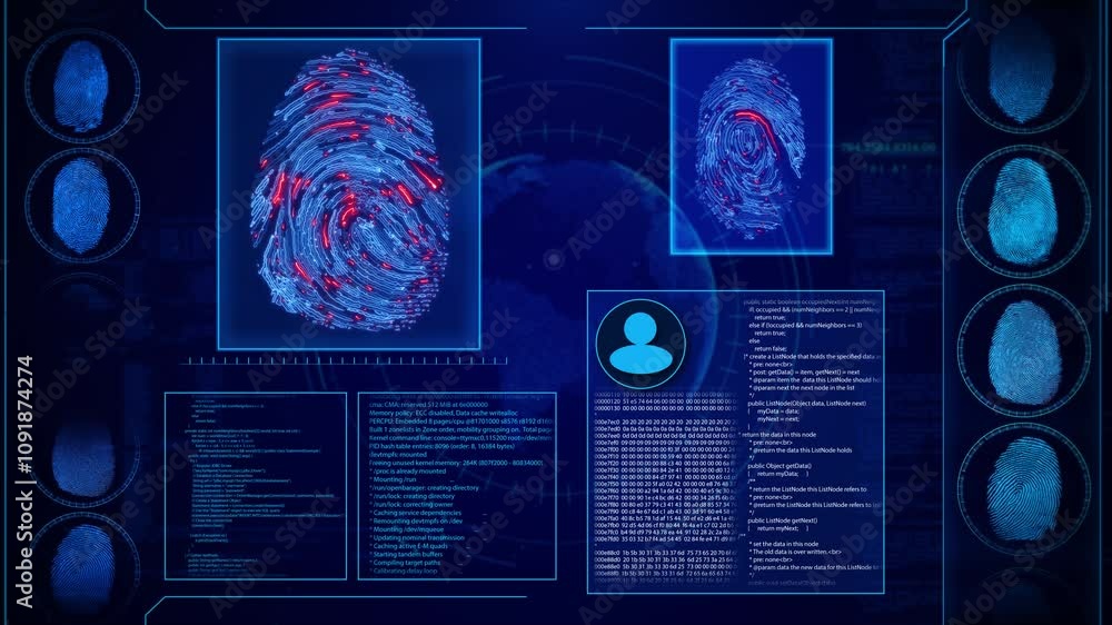 futuristic Biometric fingerprint scan with digital blueprint interface ...