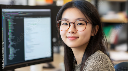 Free Download A young Asian woman in her 2s works intently at her desk, immersed in her computer, set against a dynamic office backdrop. - GFXLoad