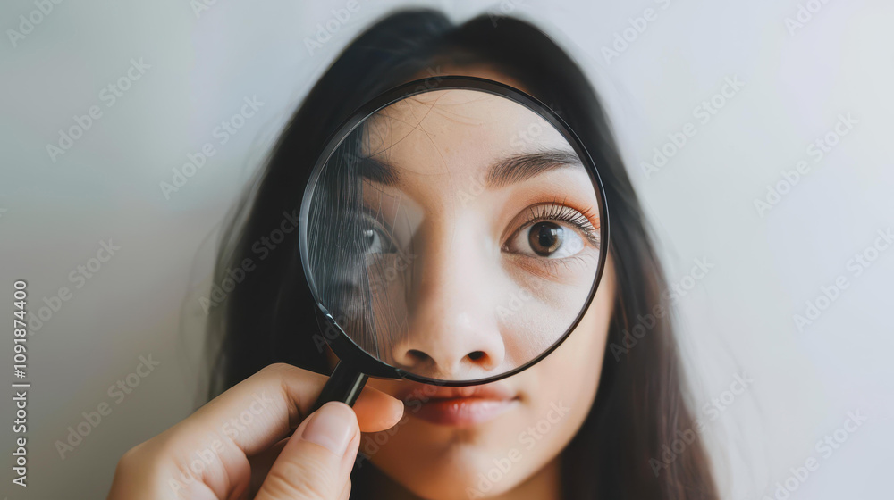 A womans face viewed through a distorting magnifying glass, symbolizing troubled selfperception and psychological struggles. A womans face viewed through a distorting magnifying glass, symbolizing troubled selfperception and psychological struggles.