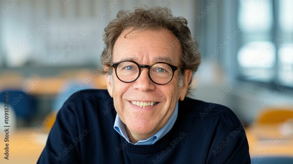 Obraz premium An older man in glasses smiles warmly, radiating wisdom and leadership in a softfocus office backdrop.