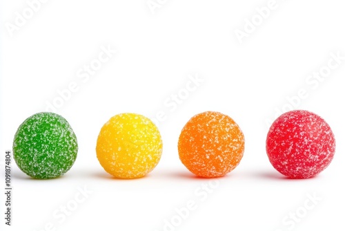 Colorful, sugary gumdrops arranged in a row, showcasing vibrant green, yellow, orange, and red hues against a clean, white background. photo