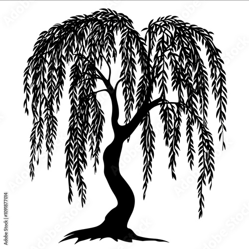 a black and white vector illustration of a weeping willow tree silhouette