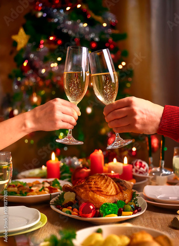 pareja brindando con copas en la cena de navidad