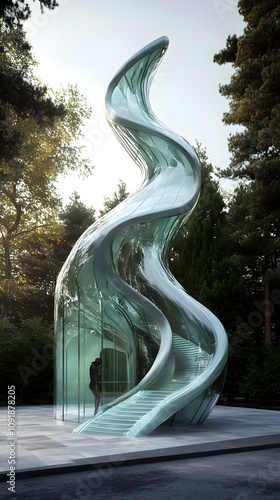 A modern glass sculpture spiraling upward amidst trees, blending art with nature. photo