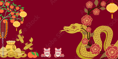 Happy New Year 2025 decored with shape snake ,Chinese boys and girls, firecrackers,  lanterns, dragon danceand ,orange tree,chinese money, plum blossom ,fish on red background.