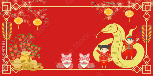 Happy New Year 2025 decored with shape snake ,Chinese boys and girls, firecrackers,  lanterns, dragon danceand ,orange tree,chinese money, plum blossom in the frame on red background.