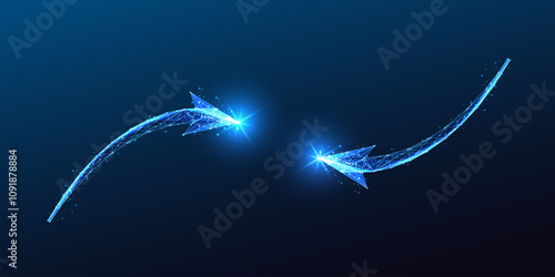 Two glowing curved arrows converge on dark blue background. Connection, digital innovation concept.