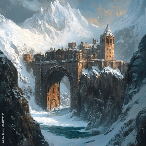 A medieval gatehouse, carved like giants and painted in oil paint style, is preventing a snowy mountain pass from passing through. It also closes the gap between a stone giant city and the sea. photo