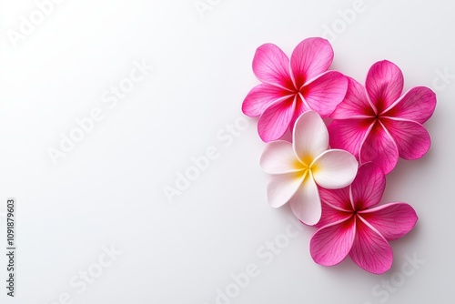 A heart-shaped arrangement of vibrant pink and white plumeria flowers against a soft, light background.