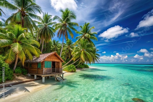 Wide-angle tropical beachfront cabin with palm trees and turquoise water