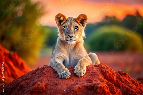 Majestic Young Lion on Red Sand Mound at Dawn in Madikwe Game Reserve, South Africa photo