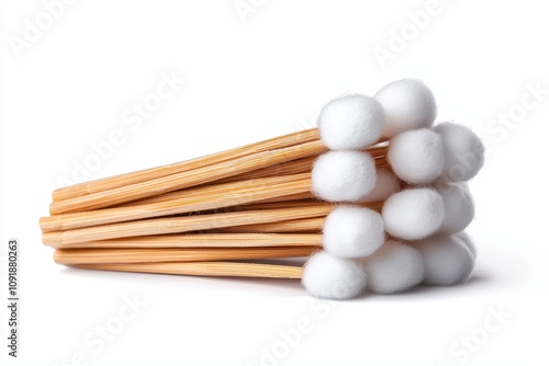 A close-up of a bundle of cotton swabs, showcasing their wooden sticks and soft cotton tips, ideal for personal care and cleaning. photo