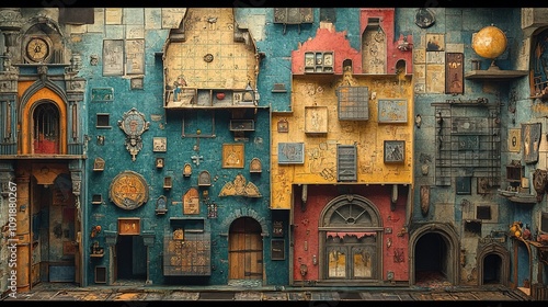 A surreal cityscape made of layered textures and vintage details. .