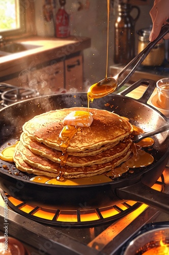 Pancakes with butter on a pan anime illustration