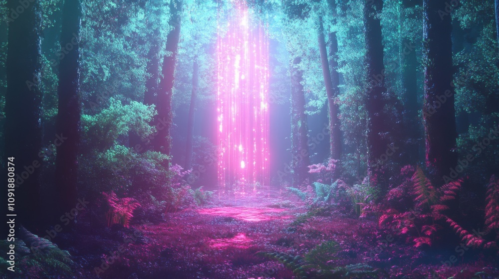 Obraz premium Mystical forest with pink light beam