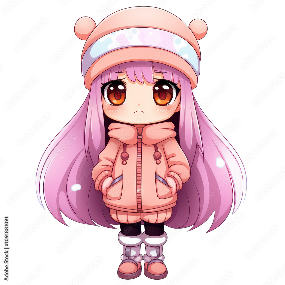 Φωτογραφία A delightful chibi character features oversized eyes and an adorable outfit, set against a clean white background