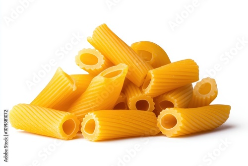 A close-up of uncooked yellow pasta pieces, showcasing their tubular shape and textured surface, ideal for various culinary dishes. photo