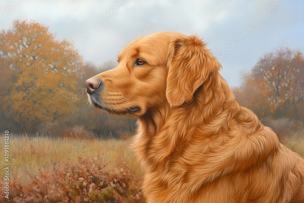 Obraz premium Majestic Golden Retriever Gazing Thoughtfully in a Serene Autumn Landscape Surrounded by Fall Foliage and Soft Natural Light