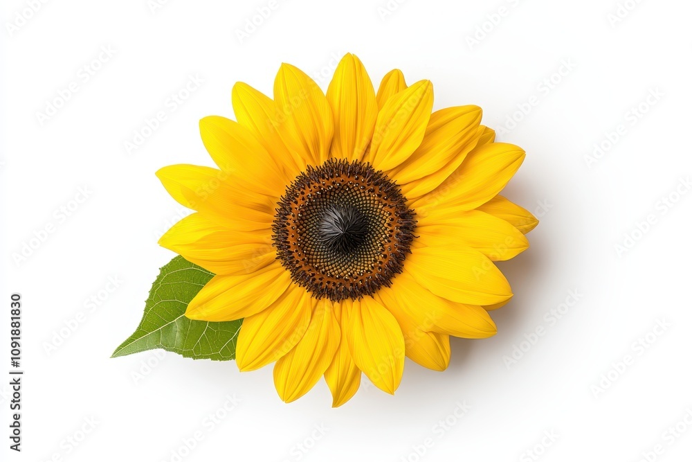 Fototapeta premium A vibrant sunflower with bright yellow petals and a dark center, showcasing its beauty against a plain background.