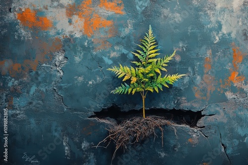 Fern Growing Through Cracks in a Deserted Wall photo