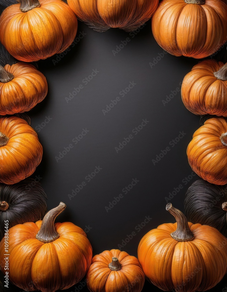 Many pumpkins arranged in a circle on a black background, frame , space for text Many pumpkins arranged in a circle on a black background, frame , space for text