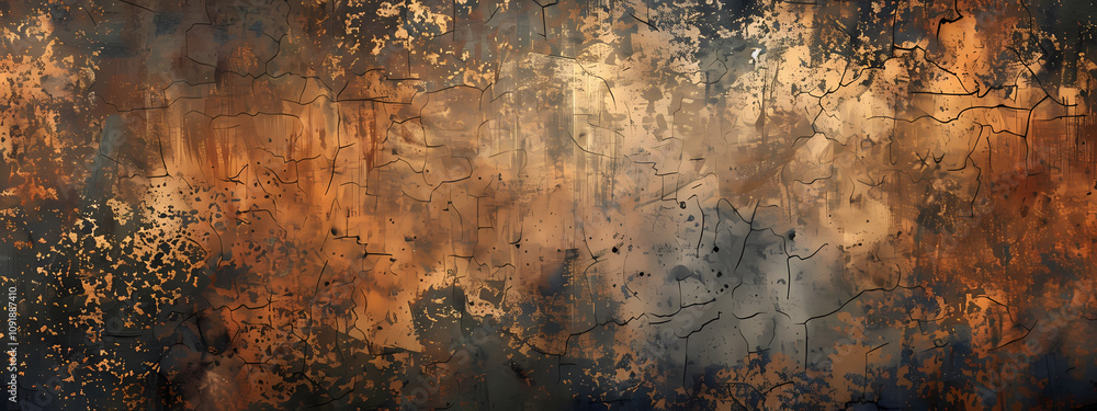 Fototapeta premium A textured abstract wall with rich hues of orange, brown, and dark blue, showcasing a rustic and weathered appearance.