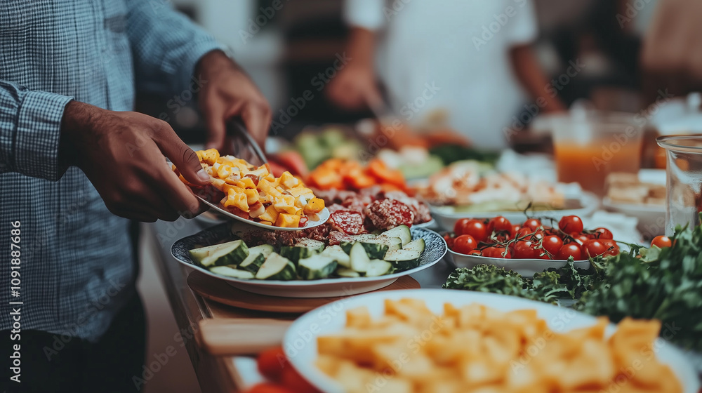 a man's hands serving healthy food with fruits and vegetables in preparation for an after office celebration