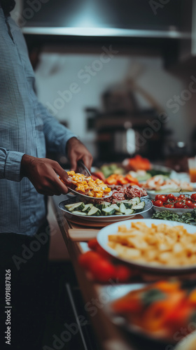 a man's hands serving healthy food with fruits and vegetables in preparation for an after office celebration