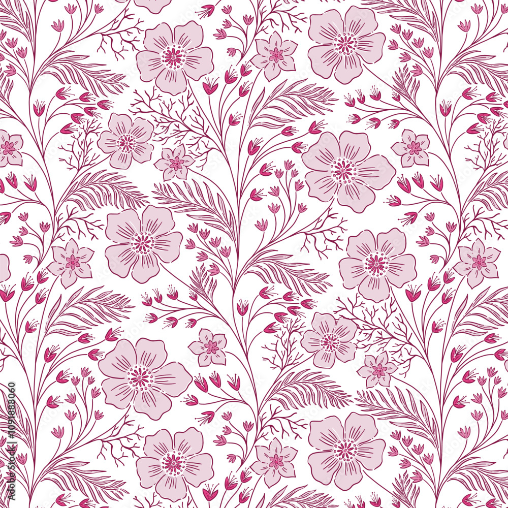 Fototapeta premium purple pink chintz small daisies bloom pattern