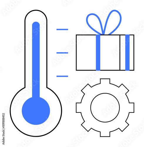 Thermometer, gift box with ribbon, gear symbolizing progress, rewards, mechanisms. Ideal for performance tracking, goal achievement, operational efficiency motivation productivity. Line metaphor