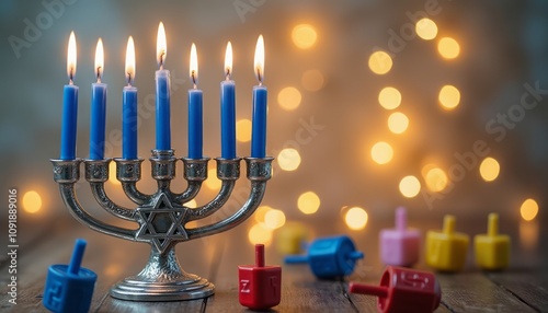 A beautifully crafted silver menorah stands proudly, its blue candles flickering with warm light against a backdrop of soft, glowing bokeh. Surrounding the menorah, colorful dreidels in vibrant hues photo