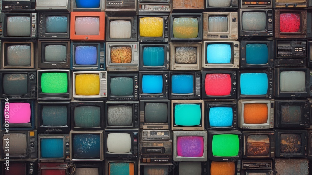 Fototapeta premium group of old televisions with colored screens