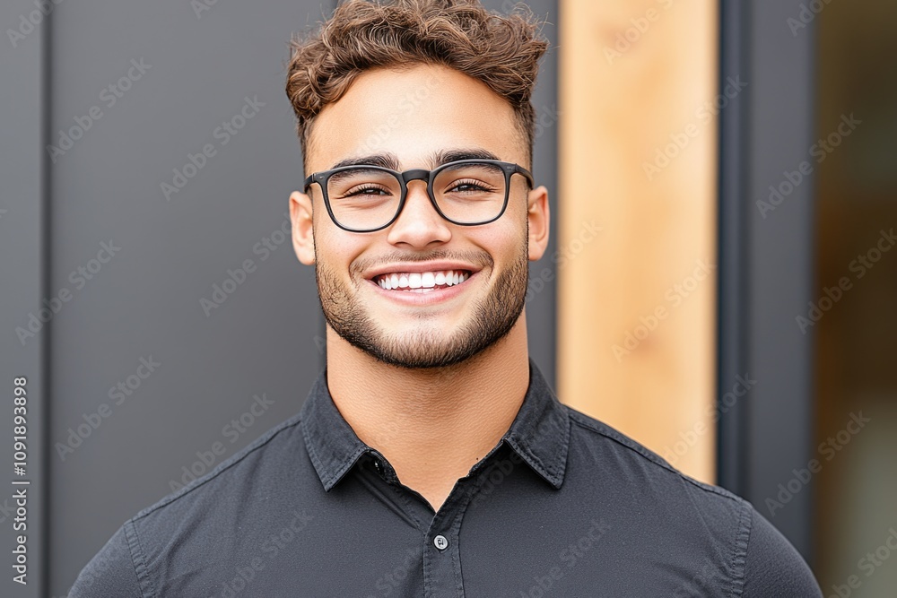 Obraz premium Smiling young caucasian male in glasses and black shirt