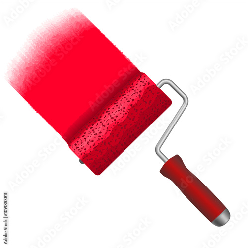 Roller paint the wall bright red. Roller brush for working tools, Construction icons. Icon for design, app, UI, package. Realistic design style. Paint Roller while painting a House Wall. Vector EPS 10