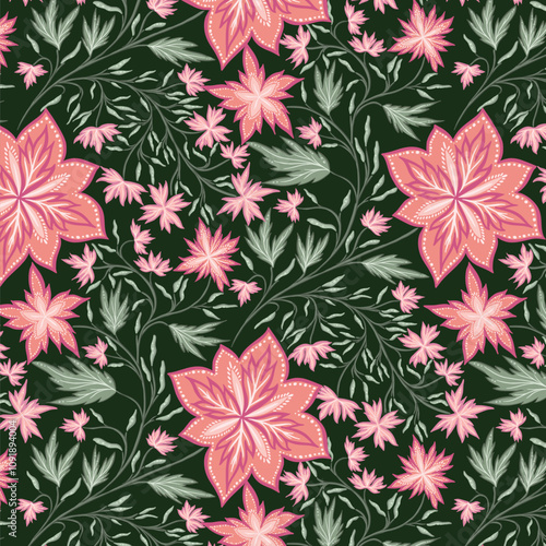 Beautiful green and pink folk floral pattern design