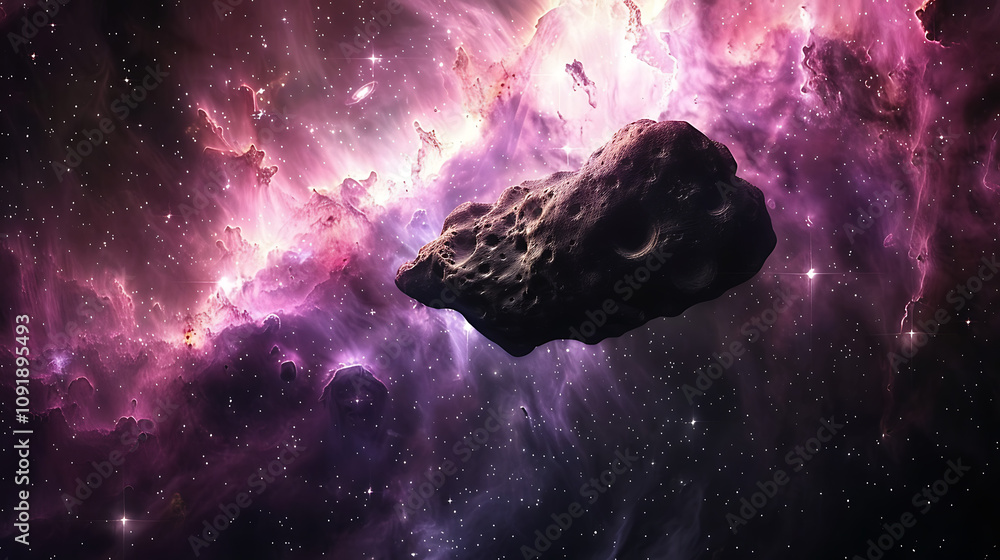 Stunning Cosmic Scene of an Asteroid Gliding Through a Colorful Nebula with Stars and Galaxies in the Background, Perfect for Space-Themed Designs and Projects Stunning Cosmic Scene of an Asteroid Gliding Through a Colorful Nebula with Stars and Galaxies in the Background, Perfect for Space-Themed Designs and Projects