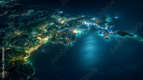 Wallpaper Mural Aerial View of a Coastal City at Night with Illuminated Urban Landscape and Surrounding Mountainous Terrain Captured in Beautiful Gold and Blue Tones Torontodigital.ca