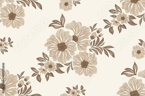 Vintage floral ethnic tapestry modern embroidery texture boho design vector illustration hand drawn silhouette brown autumn flower motif branches leaves wallpaper seamless background border.