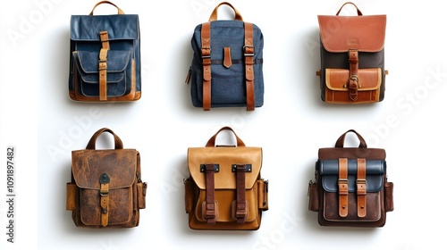 Six Stylish Leather Backpacks Arranged Neatly photo