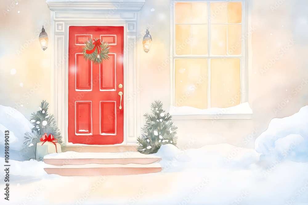 Fototapeta premium Festively decorated entrance to home. Red door with Christmas wreath