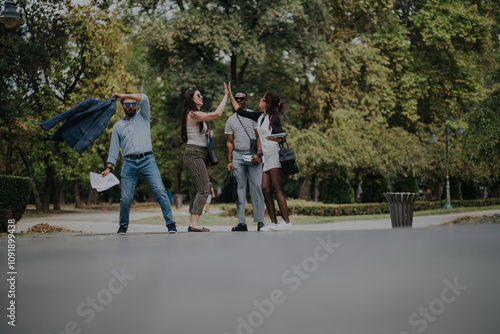 A lively scene of diverse business colleagues having fun and interacting in a park setting, exemplifying teamwork and camaraderie.