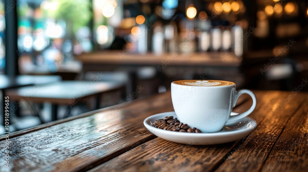 Fototapeta premium Cup of latte coffee with foam art in a cozy cafe