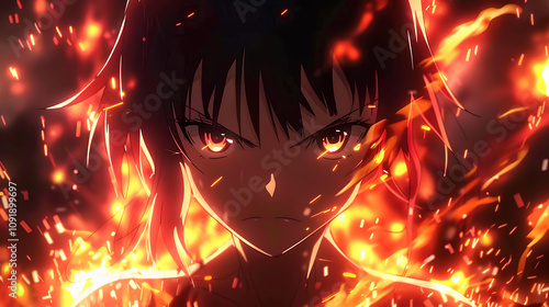 Intense Anime Character Surrounded by Fiery Flames with Piercing Eyes and Dynamic Expression, Capturing the Essence of Strength and Determination in an Action-Packed Scene