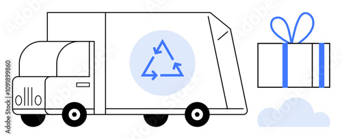 Delivery truck with recycling symbol, wrapped gift box, and cloud. Ideal for sustainability, eco-friendly, delivery services, green packaging, logistics recycling environmental campaigns. Line photo