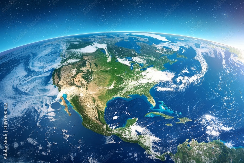 Fototapeta premium This breathtaking perspective reveals the vast expanse of Earth with North Americaâ€™s coastline prominently displayed against the deep blue of the surrounding oceans under daylight.